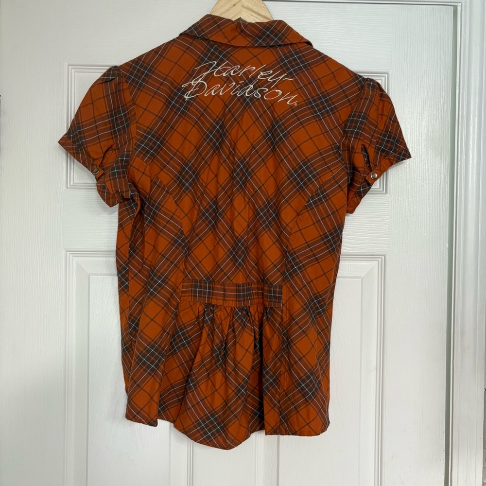 Harley Davidson Orange Plaid Short Sleeve Button Up‎ Size Medium